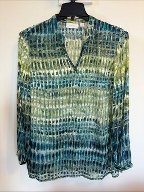 Chico’s Size 2 L Sheer Blue Green Abstract Print Blouse Long Sleeve Travel Top